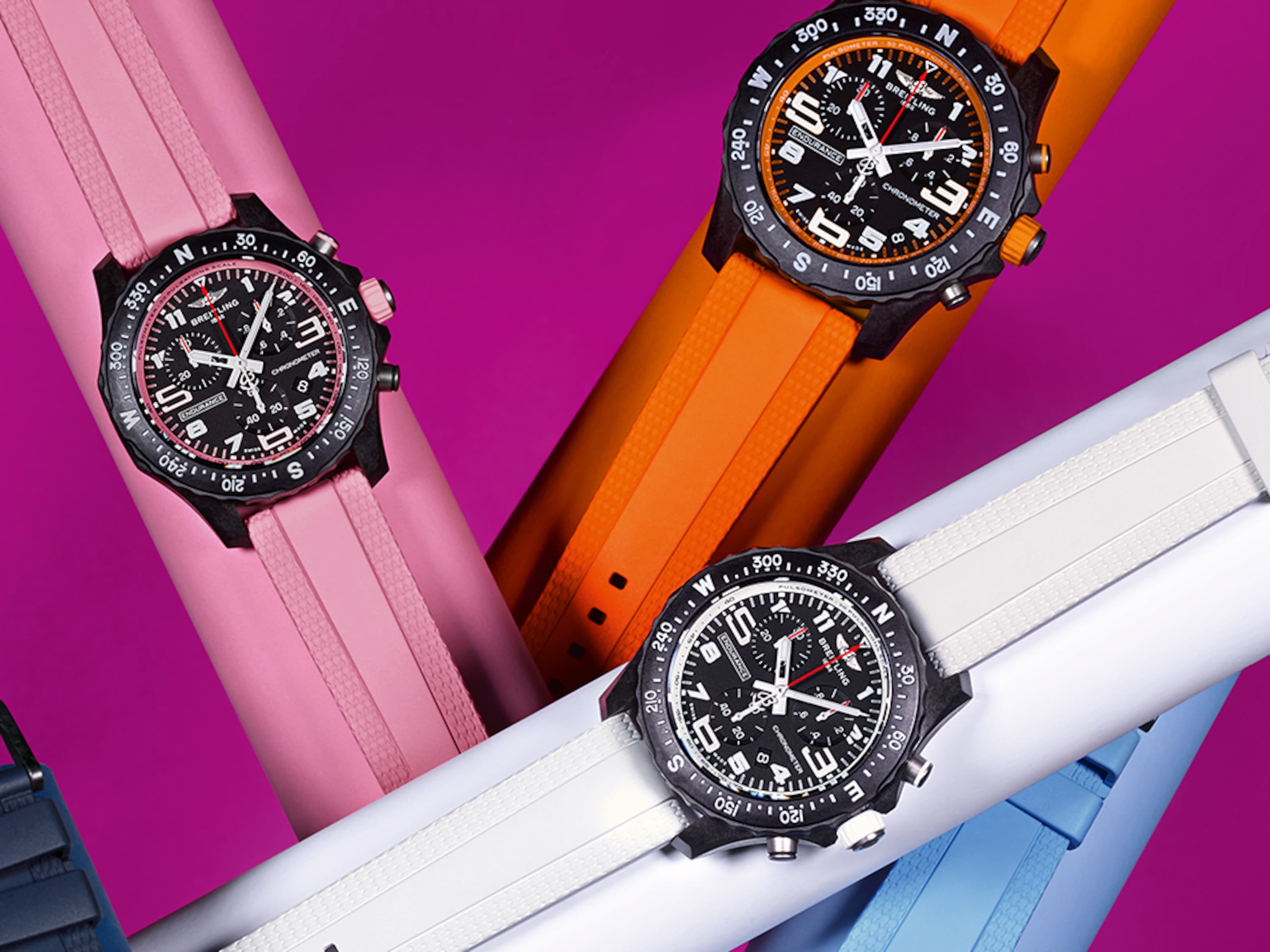 六款 Endurance Pro 手錶,分別有粉紅色、橘色、白色、淺藍色、淺藍色、深藍色和紫色。